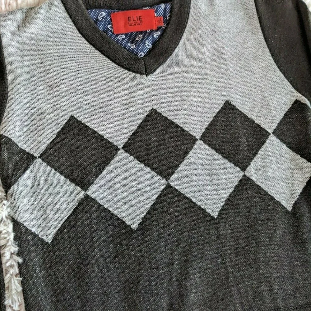 ELIE BALLEH  Milano Italy Argyle Black Grey Knit V-neck Sweater Youth Small 4/5